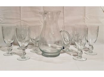 Vintage Princess House Hand Blown Etched Glass Pitcher And Water Goblets Set Of 8 #102