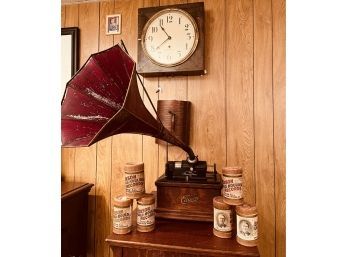 Antique Edison Fireside Phonograph Combination Type Oak Cased With Red Bell Horn And 6 Phonograph Records #112