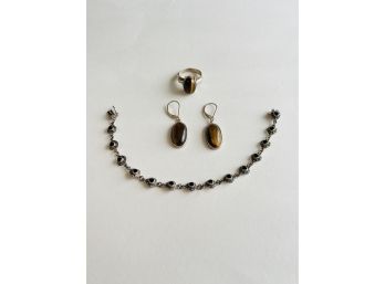 Vintage Tigers Eye Earrings, Ring And Sterling Silver Bracelet With Black Onyx #27