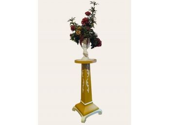 Solid Wood Antique Pedestal Painted 38 In Top 15' Round  And Italian Porcelain Cherub Centerpiece 14 In #64