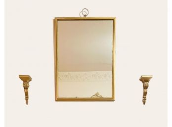 Vintage Gold Frame Mirror And Pair Of Gilded Plaster Wall Sconce For A Candle #80