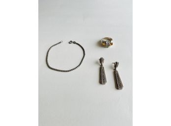 Amethyst Citrine Sterling Silver Ring, Earrings And Bracelet #28