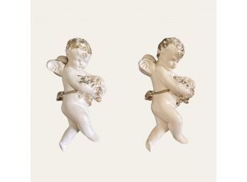Antique Gold And White Sculpture Chalkware Wall Arts Pair Of Cherubs #206