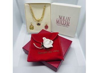 Vintage Nolan Miller Necklace & Three Crystal Pendants And Vintage KJL White Rose Brooch #40
