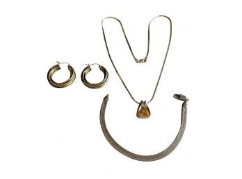 Sterling Silver Jewelry - Twisted Hoop Earrings, Chain With Citrine Pendant And Bracelet #25