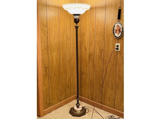 Outstanding Torchiere Floor Lamp W/brass Finish And Onyx Accented Base, Fine Opalescent Glass Rose Design #88