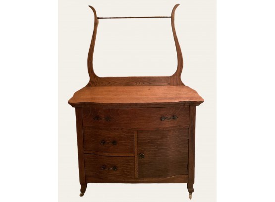 Antique American Oak Serpentine Washstand Towel Bar Cabinet Dresser Great Condition  #88