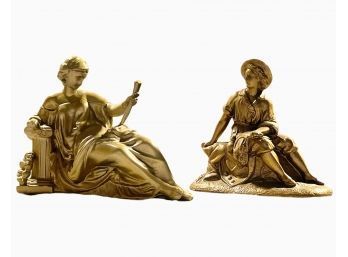 Lot Of 2 Antique Gold Gilded Cast Spelter Greek Goddess Statues Clock Toppers Excellent Condition #156