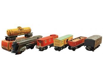 Lionel 1689E Locomotive Train & Five Cars Marked 'Lionel Jr.' On Base, Freight/cattle Cars, Gas Tabker, Etc 33