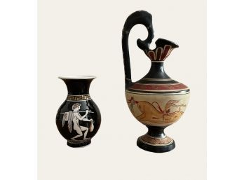 Attica Greek Ceramic Ewer Vase 7.5 Inch (shows Wear And Is Restored) And Greek Small Flower Vase 4 Inch  #208