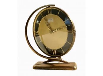 Art Deco Eight Day Desk Clock With Rotating Swivel Face In Brass Frame And Base 7.5 Inches Works Great #155