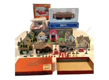 O 27 Scale Powered Trolley, Railroad Signs, Hallmark Homes And Lionel 'bagage Pickup'station Brand New  #72