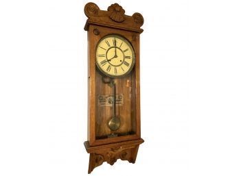 Antique American Waterbury Clock Co. Carved Oak Wall Clock With Key Tested And Works #159
