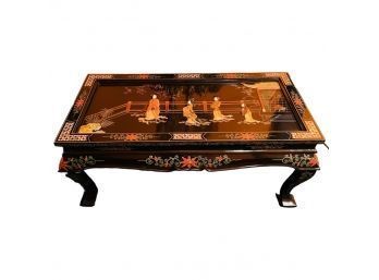 Unique Oriental Hand Crafted Black Lacquer Folding Wood Coffee Table W/Mother Of Pearl & Jade (never Used) 133