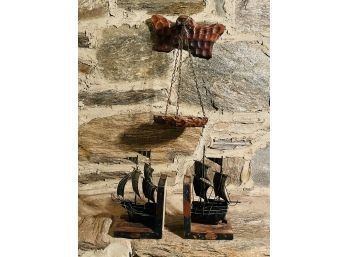 Vintage Brutalist Spanish Wood And Chain Basket/bowl/hanging And Vintage Metal Ship BookEnds #69