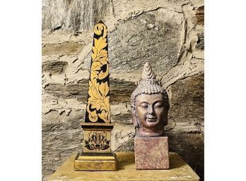 Vintage Wooden Obelisk And Buddha Sculpture #63