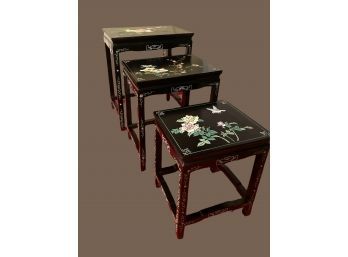 3 Oriental Handpainted Black Lacquer Nesting Side Tables (Never Used Kept In The Storage) #35