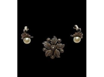 Cini Sterling Pearl Earrings And Vintage Sterling Silver Brooch #89