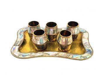 Vintage Brass And Abalone Shell Shot Glass Set With Serving Tray #10