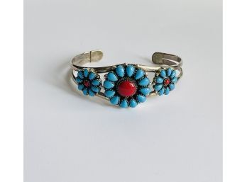 Southwest Style Zuni 925 Sterling Silver Coral Turquoise Cuff Bracelet #21