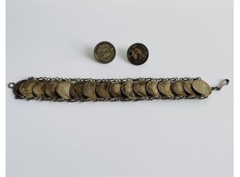 Japanese Meiji Emperor Silver Coin Earrings And Vintage King George Bracelet #95