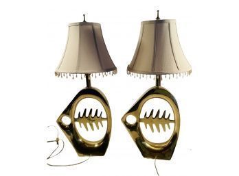 Pair Of Mid-Century Modern Brass Fish Sculpture Table Lamps 27.5 X 12   #35