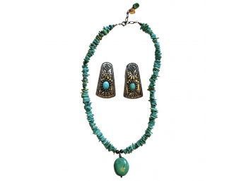 Beautiful Quoc Turquoise Necklace SS Clasp And Vintage Sterling Silver Turquoise Earrings #90