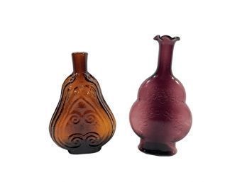 Amber Scroll Flask Bottle And Hand Blown Glass Purple Vase #47