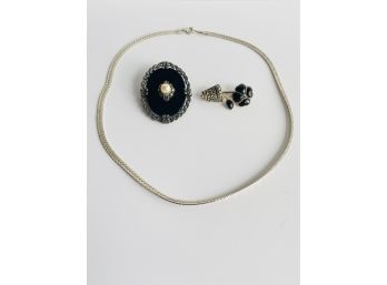 Beautiful Sterling Silver Black Onyx Pendant/Pearl Enhancer/brooch, Silver Necklace Chain And Brooch #71