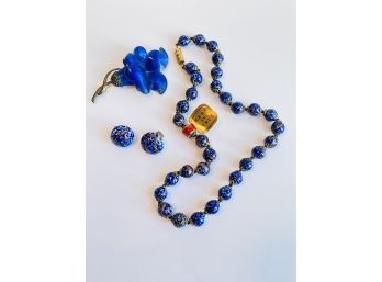 Vintage Venetian Blue Bead Necklac And Clip Earrings Set And 925 Sterling Silver Blue Enamel Brooch #12