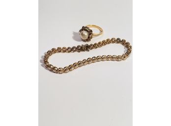 Ross Simons 925 Sterling Silver Gold Plated CZ Bracelet And 925 Gold Plated Faux Pearl Ring #83