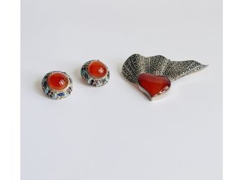 925 Silver Enameled Carnelien Round Clip On Earrings And Sterling Silver Marcasite Brooch #27