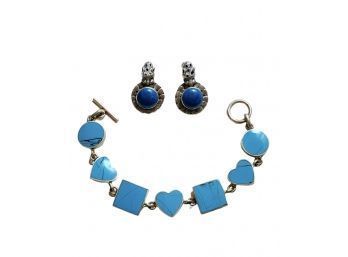 Vintage Blue Heart Sterling Silver Toggle Bracelet And Sterling Silver Blue Stone Earrings #66