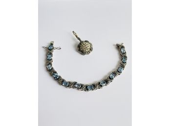 Judith Jack Sterling Silver Marcasites Pendant/enhancer And Vintage Topaz Marcasite Linked Bracelet #94