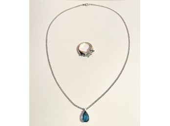 925 Sterling Silver Blue Topaz Ring, Pendant And Sterling Silver Chain #80