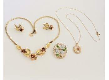 Krementz Jewelry - Gold Filled Tri Colored Rose Pendant Necklace & Earrings, Brooch, Pendant W/chain #127
