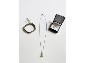 Sterling Silver Peridot Pendant Necklace, SS Bracelet W/original Tag And HMI 925 Blue Topaz Ring #78