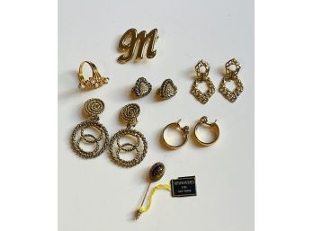 Lot Of Vintage Jewelry, 18K Hge Ring, Monet Hoop Earrings, Winard 12K Gold Filled Pin, Clip On Earrings #122