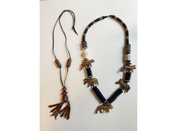 Vintage African Animal Tribal Necklace And Wood Beads Leather Cord Necklace  #97