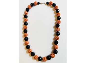 Vintage Faux Carved Coral Plastic Bead And Black Crystal Bead Necklace #91