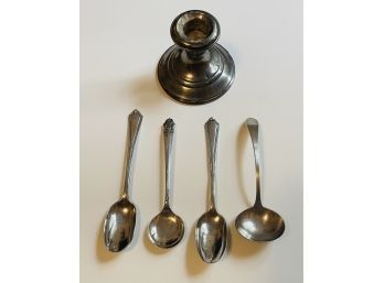 Sterling Silver Spoons And Candle Holder #104