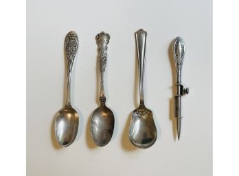 Lot Of Vintage Sterling Silver Spoons And Sterling Silver Awl #108