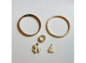 Antique Jaipur Ivory Bracelets, Ivory Elephant Pendant, Faux Bone Pendant And Ring #125