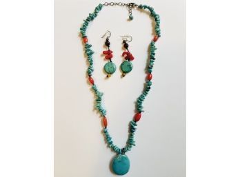 925 Sterling Silver Turquoise And Red Coral Necklace And Earrings Set #42