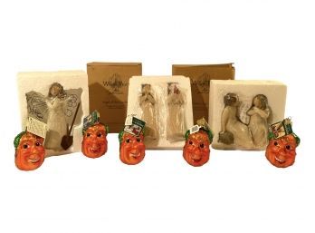 Set Of 3 Willow Tree Figurines And Vintage Merk Family's 5 Funny Face Pumpkin Ornaments Items Are Brand New135