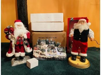 Avon Christmas Fiber Optic Village In Original Box And 2 Santa Clauses #53