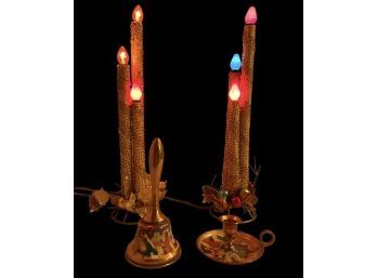 Pair Of Midcentury Mirostar Foil Mesh Electric 3 Light Candles & Vtg Brass & Enamel Bell And Candleholder #59