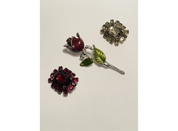 Lot Of 3 Vintage Brooches (rose Pin And Red And Green Glass Brooches) #46