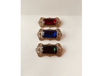 Set Of 3 Art Deco Blue, Red And Green Glass Goldtone Metal Brooches #33