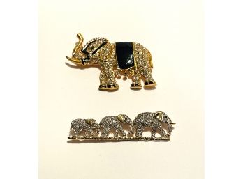 Lot Of 2 Clear Crystals And Gold-Toned Elephant Brooches #44
